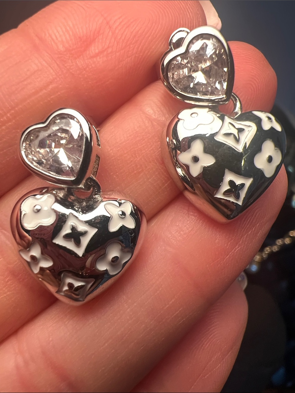 Silver-Tone Heart Drop Earrings with Clear Crystal Tops